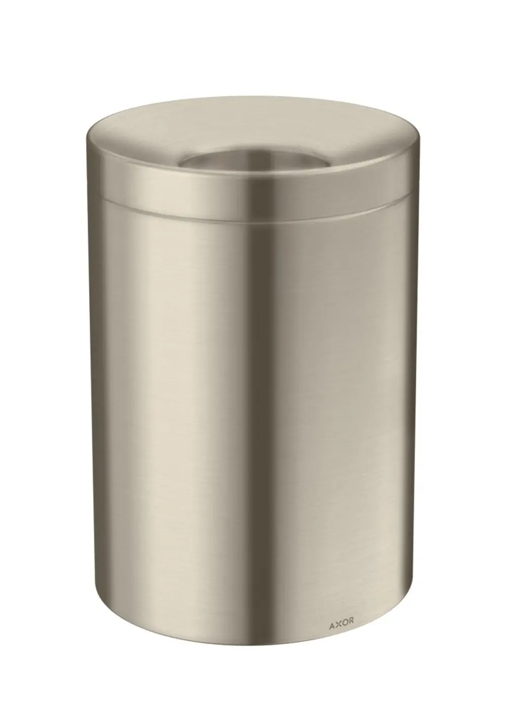 Abfalleimer aus gebürstetem Nickel mit rundem Deckel, auf einer glatten Oberfläche stehend. Das Logo der Marke AXOR ist am Boden sichtbar.